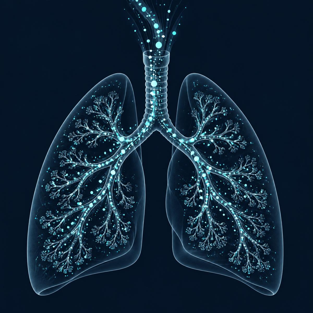 Conceptual illustration of mist particles entering the lungs through the branching airways